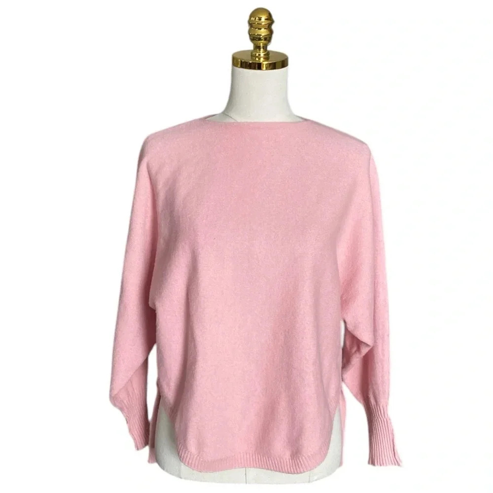 JOAN VASS New York Pink Dolman Sleeve Boat Neck Hi-Low Pullover Sweater Size S